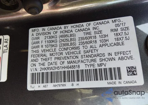 2017 Honda Cr-V Ex z USA, uszkodzony, nr VIN 2HKRW2H51HH648818